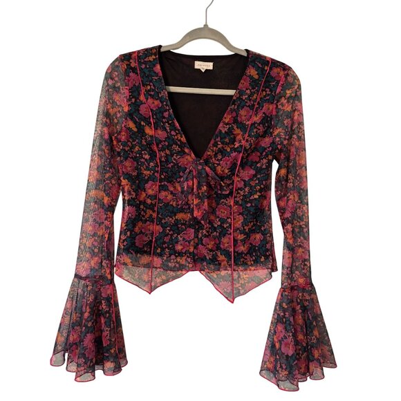 Promesa Fabulous Flowers Floral-Print Mesh Bell-Sleeve Top Sheer V-Neck Tie-Fron - Picture 15 of 16